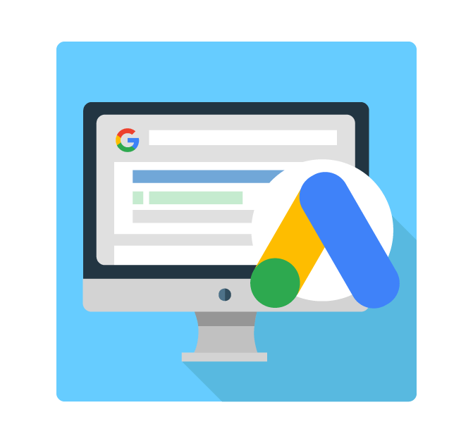 This image shows the icons of ads and google search engine size to represent that we offer google search ad services
